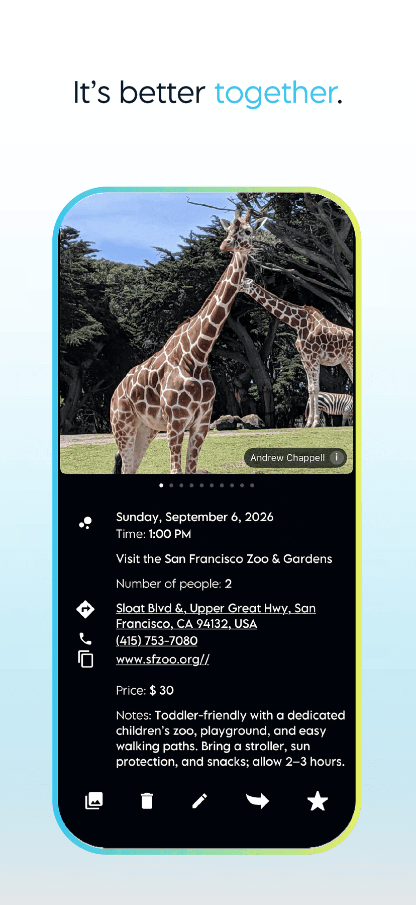 San Francisco Zoo stop details with giraffe photos, address, price, and toddler-friendly notes