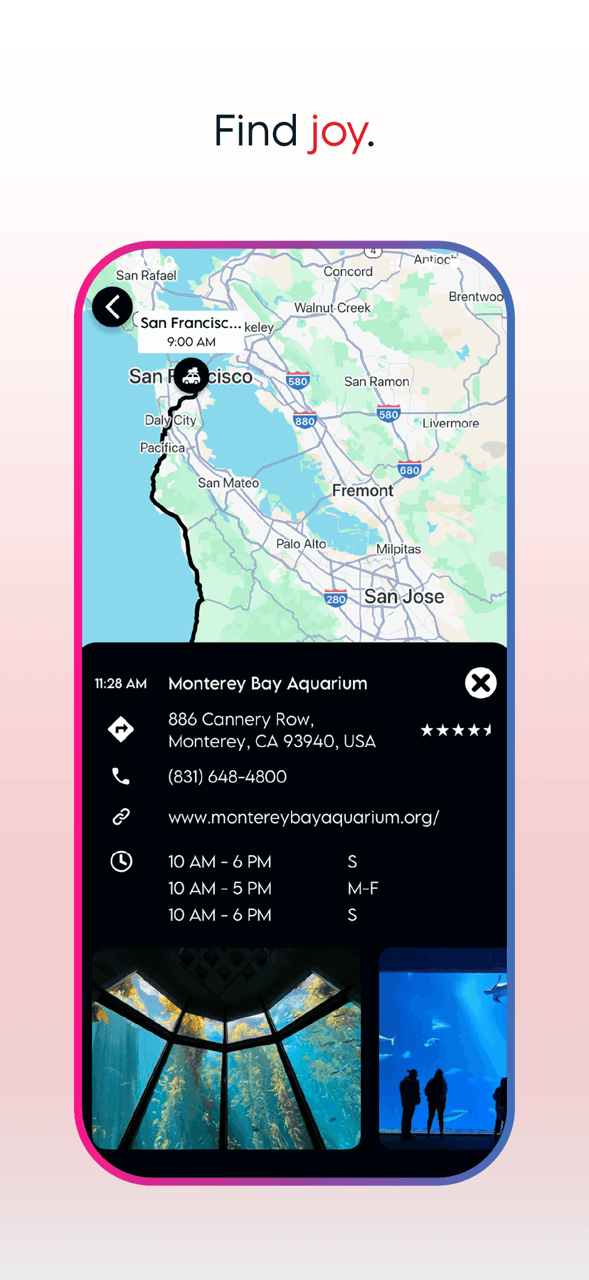 Monterey Bay Aquarium details with hours, contact info, a kelp tank, and visitors at a large aquarium window