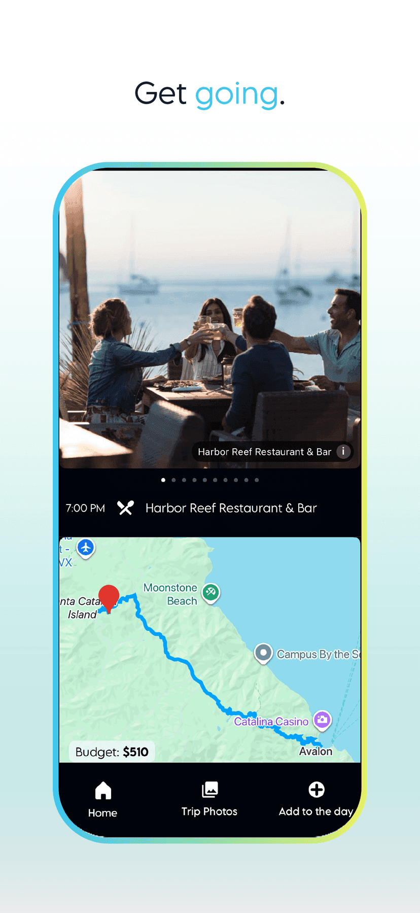 Harbor Reef Restaurant photo of friends toasting at sunset, with a Catalina Island map below