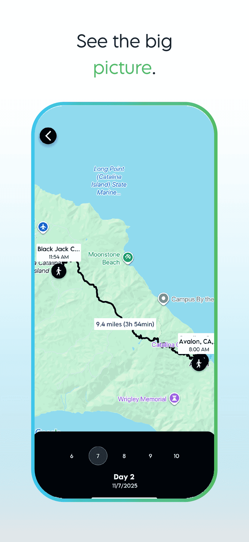 Day 2 hiking route across Catalina Island from Black Jack Campground to Avalon, about 9 miles