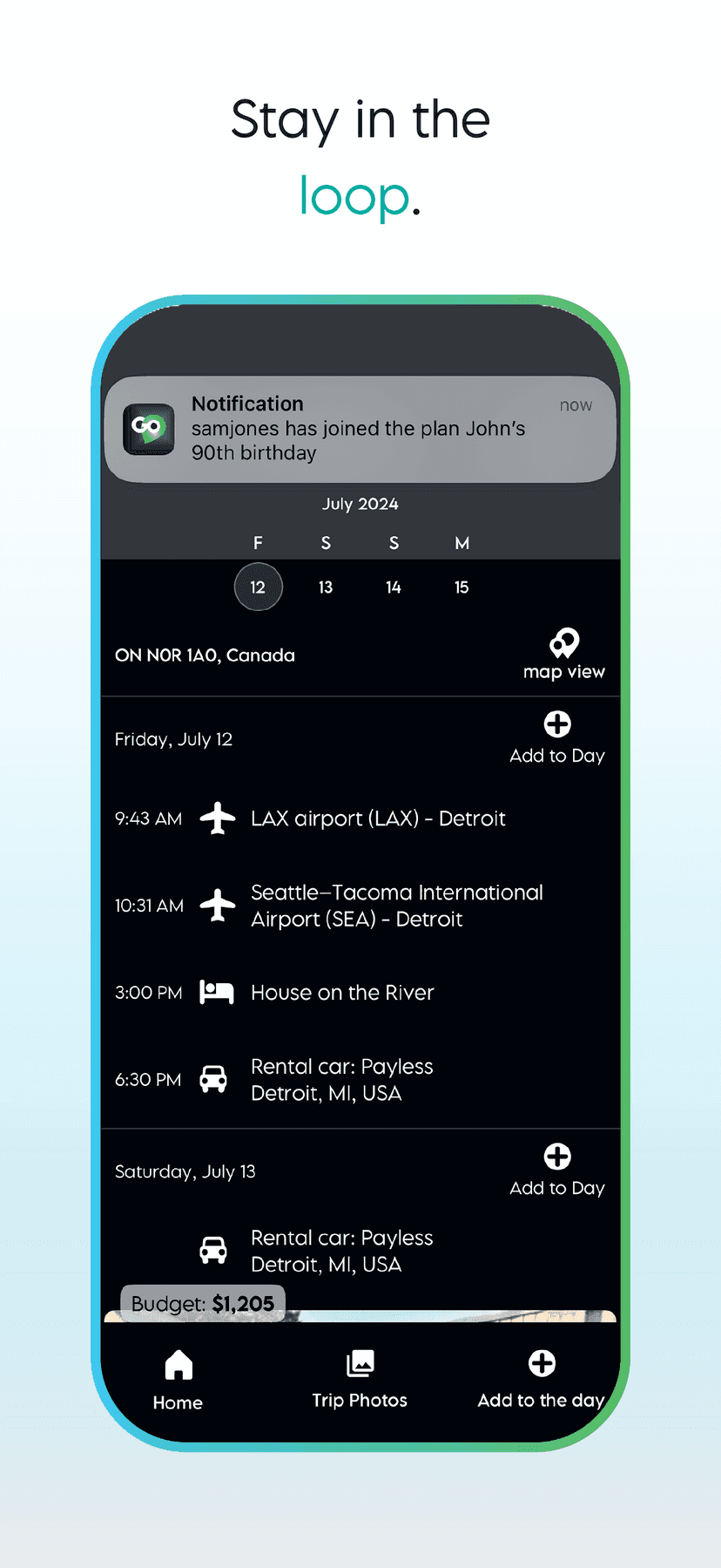 Group itinerary with a notification that samjones joined, plus flights, lodging, and a rental car