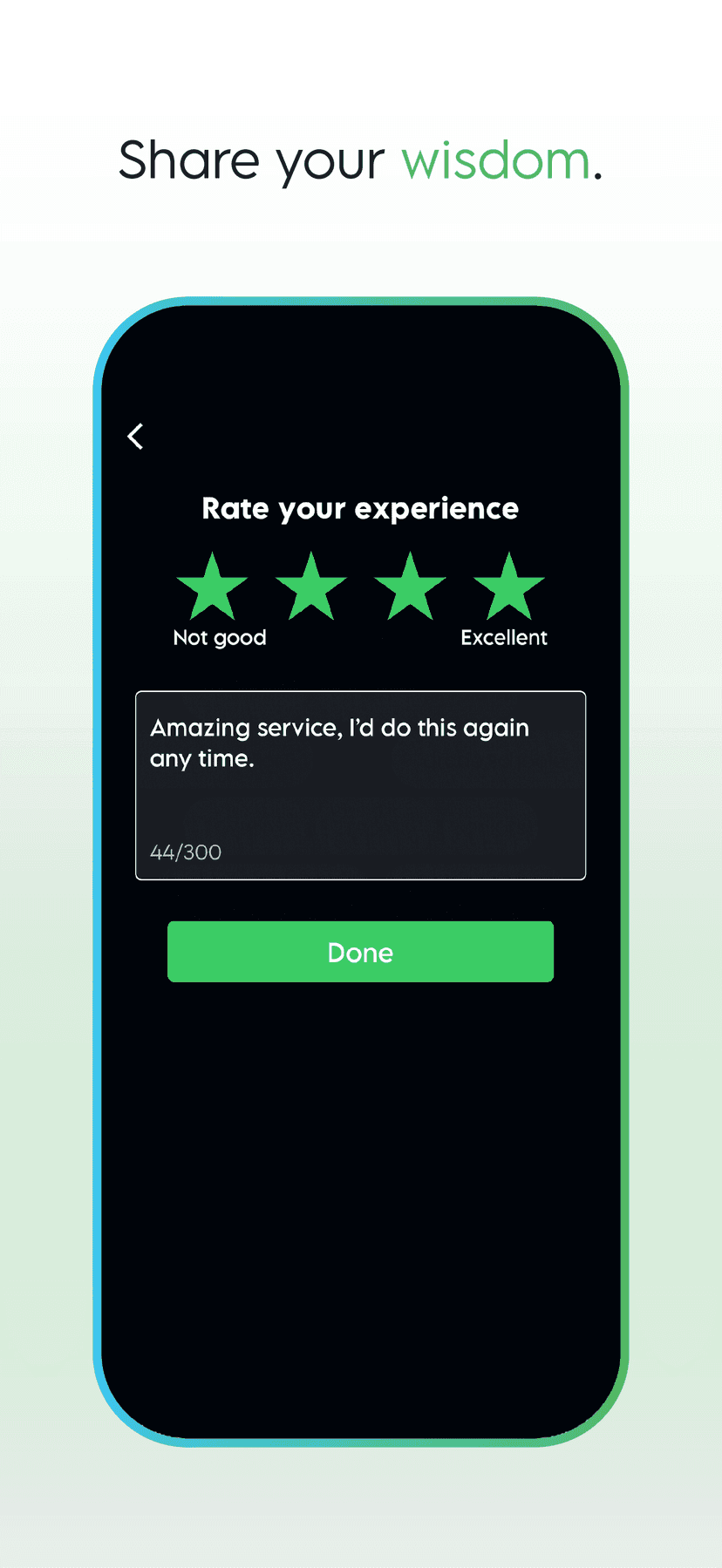 Rate your experience screen with four green stars and a review about amazing service