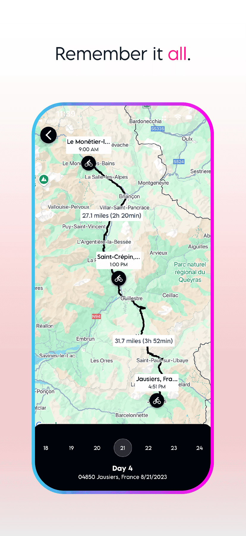 Day 4 cycling map through the French Alps from Le Monêtier to Jausiers